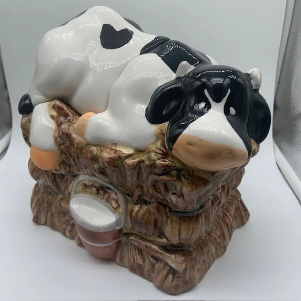 Vintage CKAO Cow Cookie Jar Ceramic Black White Farmhouse Country Kitchen Decor